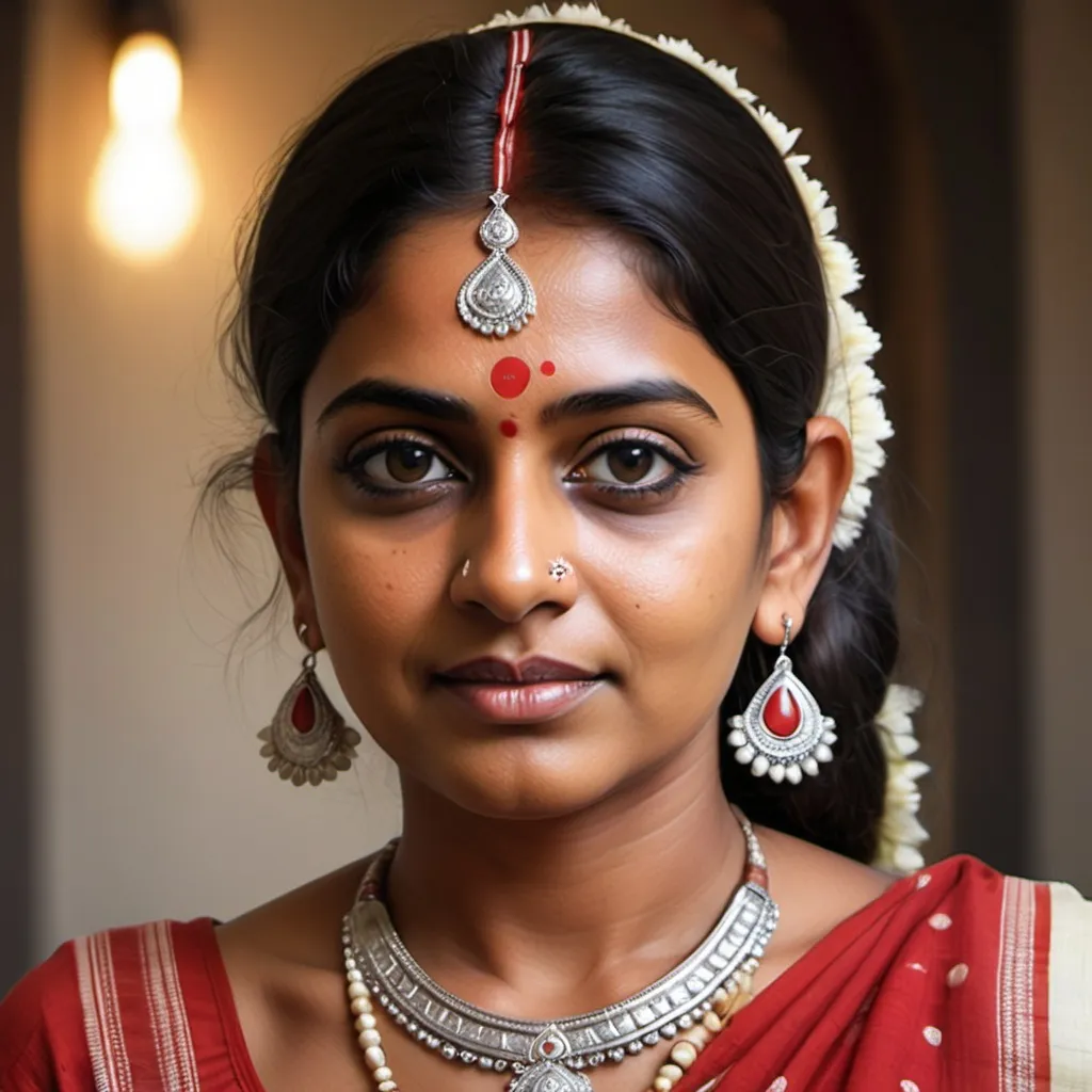 Prompt: Create  A Photorealstic image of a mature Bengali girl with big Bindi on her forehead, make the breast bigger Than regular. dress should be indian red and white sari most part should be white. 