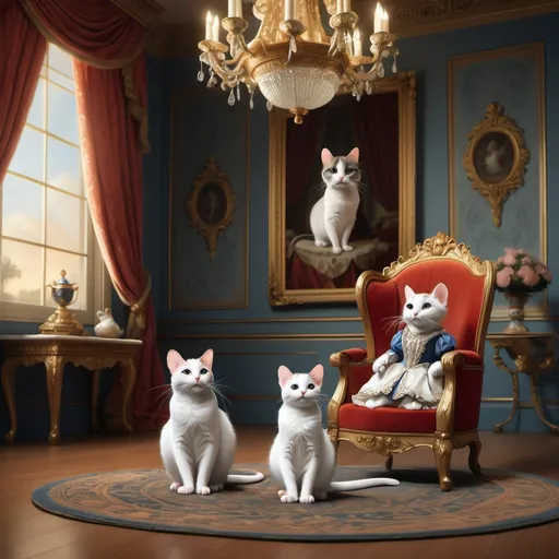 Prompt: The mouse remains seated in front, looking up in awe at the grand, well-dressed cat. The entire scene feels regal yet humorous, with the big cat dramatically telling her story while her kitten attempts to imitate her gestures. The background could include elegant furniture, like a royal chair or a fancy rug, to match the grand atmosphere.

This setup will make the scene even more charming and entertaining!