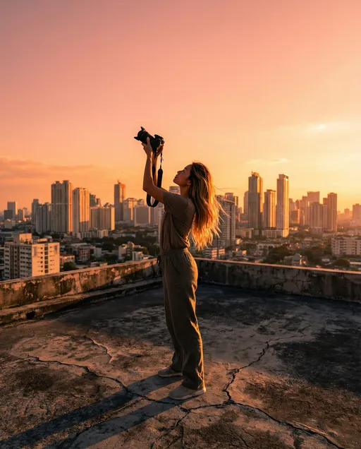 Prompt: @9z7WWtXlhbk2uzlCVymc Young Filipino woman on rooftop at sunset, silhouette holding camera up photographing Manila skyline, warm orange and pink sky, inspirational adventure vibe, urban photography