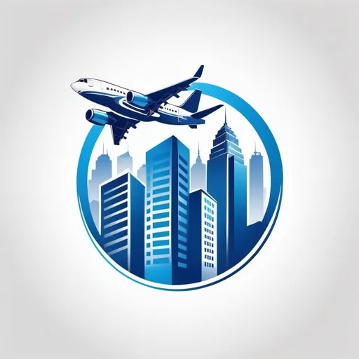 Prompt: downtown, airplane, all in blue color and white background, for a professional logo
