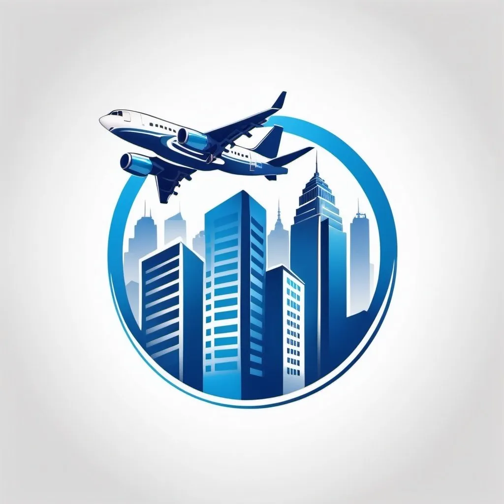 Prompt: downtown, airplane, all in blue color and white background, for a professional logo
