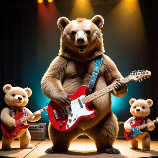 Prompt: A bear playing electric guitar with his bear band on a stage