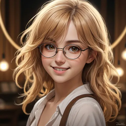 Prompt: dessine (masterpiece), ( anime girl), (ultra detailed), (beautiful), (UHD, HDR), (8k), (highres:1.2), (intricate and beautiful:1.2), (dramatic lighting:1.2), (looking intently at viewer), lora:add_detail:1, honey blond flowing hair, detailed dark brown eyes, circular glasses , big smile