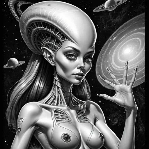 Prompt: dessine alien woman, space andancestors or even alien visitors. alien technologies may include various methods of , in the hope that one day we would solve them and gain deep knowledge pin-up style drawing, Asharpness, psychedelic depictionin his hands, pin-up style drawing, 12k, 8k, sharpness, psychedelic drawing