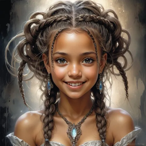 Prompt: dessine painting of a beutifull tanned skin dark happy young girl featuring intricately braided hair, art by luis royo, an ultra hd detailed painting, digital art, Jean-Baptiste Monge style, bright, beautiful, splash, Glittering, cute and adorable, filigree, rim lighting, lights, extremely, magic, surreal, fantasy, digital art, wlop, artgerm and james jean,  no background, stunning, textures, iridescent and luminescent scales, impressive, breathtaking beauty, Volumetric light, auras, rays, vivid colors reflects, Broken Glass effect,