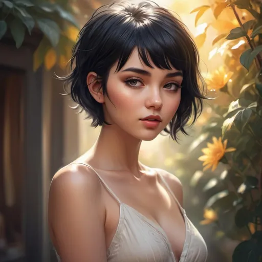 Prompt: Full body view of a sensual girl with lush, full, short black pixie style hair with fringe and a carefree expression, beautiful feminine body surrounded by warm sunlight, ethereal and dreamy atmosphere, highly detailed, digital painting, 4k, trending on artstation, by artgerm and alice x. zhang