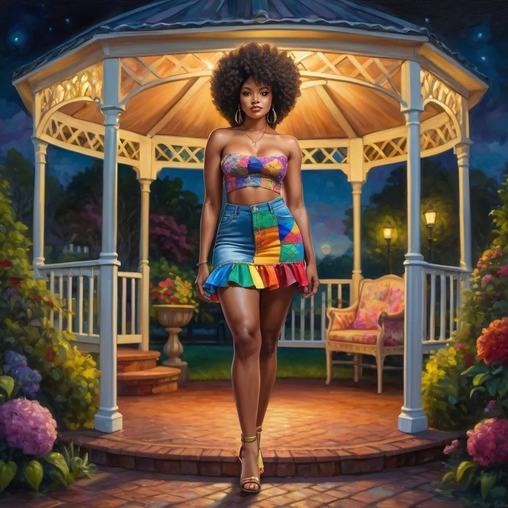 Prompt:  4k glossy oil painting of a regal large full figure African American woman with loose curly afro. She is standing under a gazebo. wearing a colorful patchwork denim jean mini skirt with ruffles in rainbow colors and matching Tube top. Detailed high heel boots. floral garden at night boke
