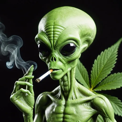 Prompt: A green alien smoking a joint of Marijuana 
