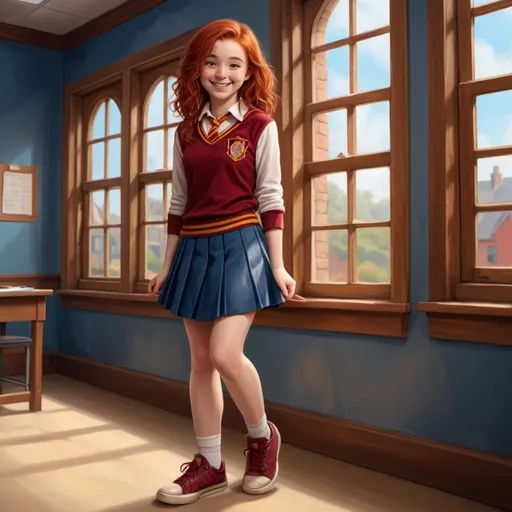 Prompt: Class is in

Prompt: a digital realistic painting of ultra HD quality, Cute red head girl leaning against a window smiling, dons her Gryffindor uniform with sneakers, blue skirt. With bushy brown hair, happy eyes, and a cute smile, she strikes a dynamic pose in a classroom setting
