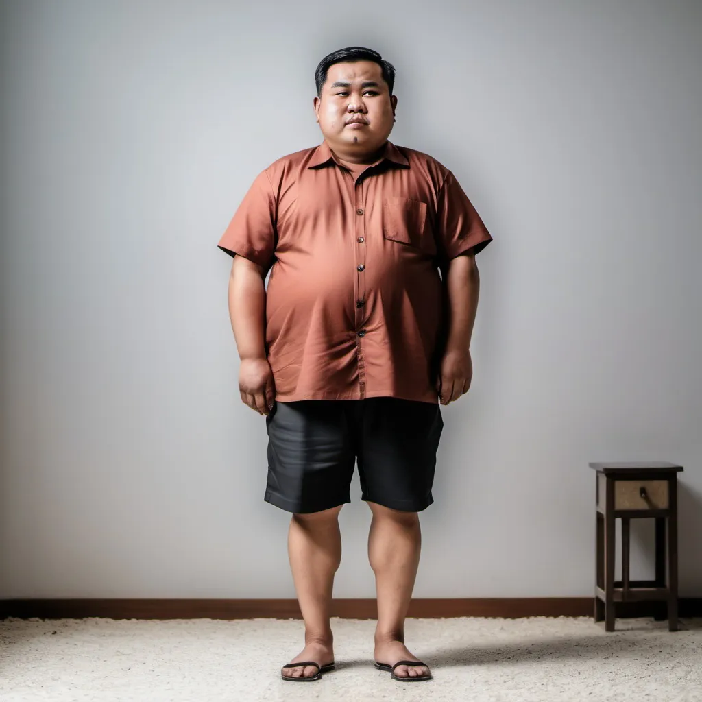 Prompt: a short fat man indonesian standing