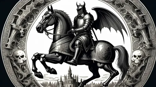 Prompt: A ghotic knight with dark devil-horse in the center, engraving style, highly detailed