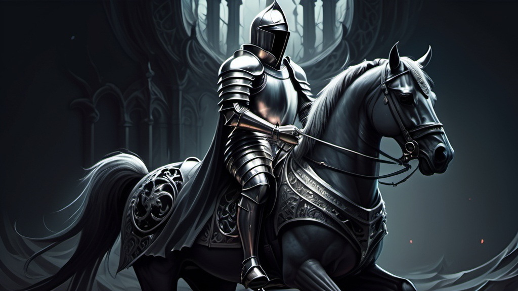 Prompt: A ghotic knight with dark horse in the center, abstraction background, highly detailed