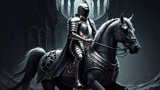 Prompt: A ghotic knight with dark horse in the center, abstraction background, highly detailed