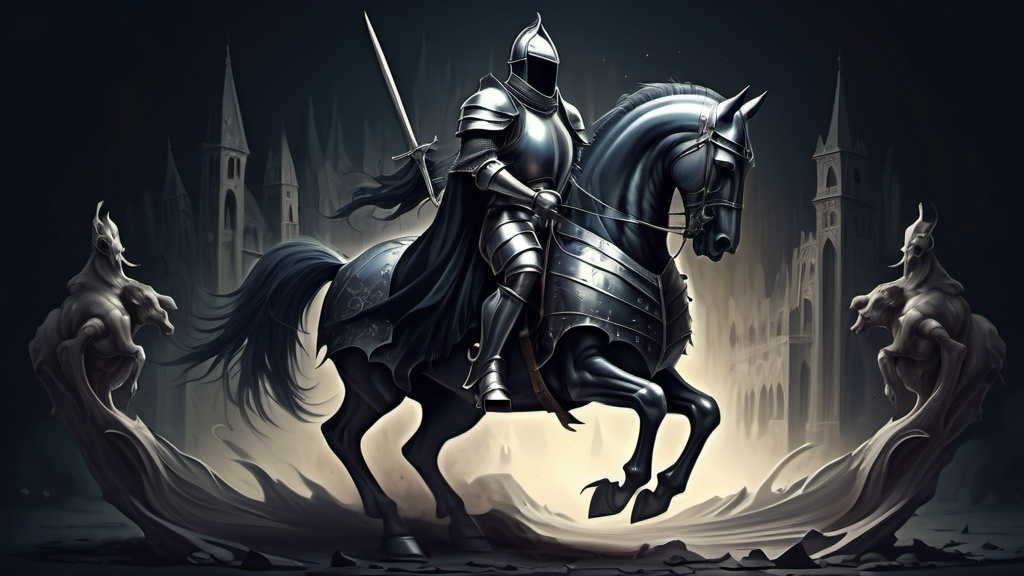 Prompt: A ghotic knight with dark horse in the center, abstraction background, highly detailed