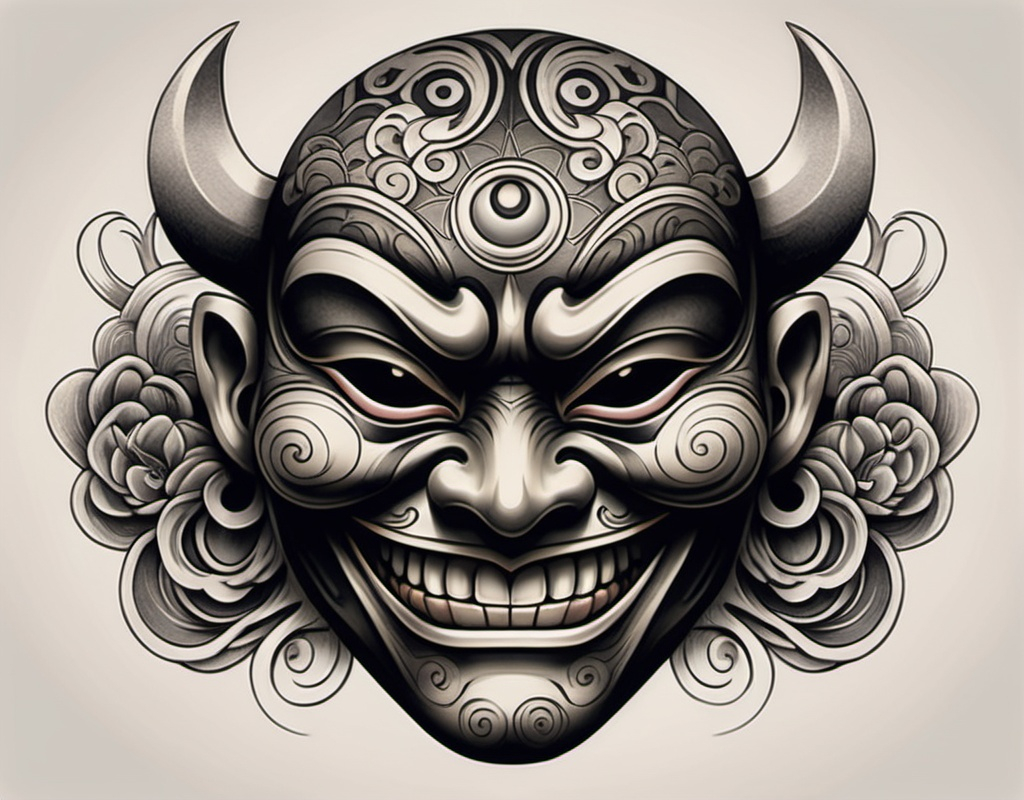 Prompt: A Japanese tattoo sketch of a mask with an evil grin and sad eyes, in the style of engraving. The mask is adorned with intricate details and bold lines, capturing the essence of traditional Japanese art. The eyes are filled with a deep sadness, contrasting with the menacing grin.