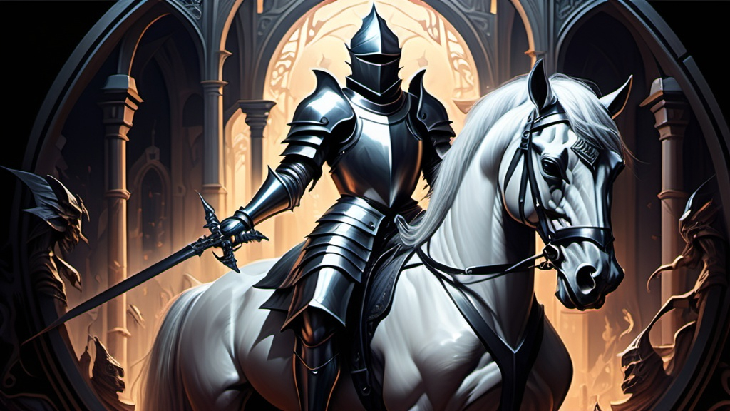 Prompt: A ghotic knight with dark devi-horse in the center, abstraction background, highly detailed