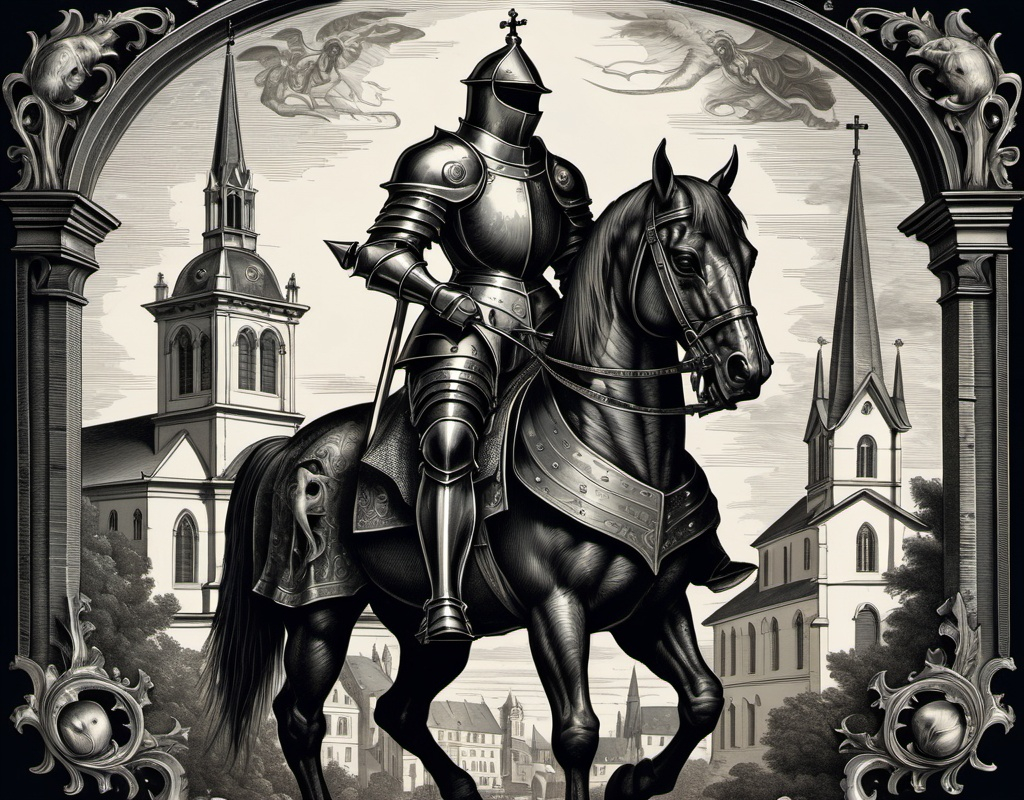 Prompt: A ghotic knight with dark devil-horse in the center, church in background, engraving style, highly detailed