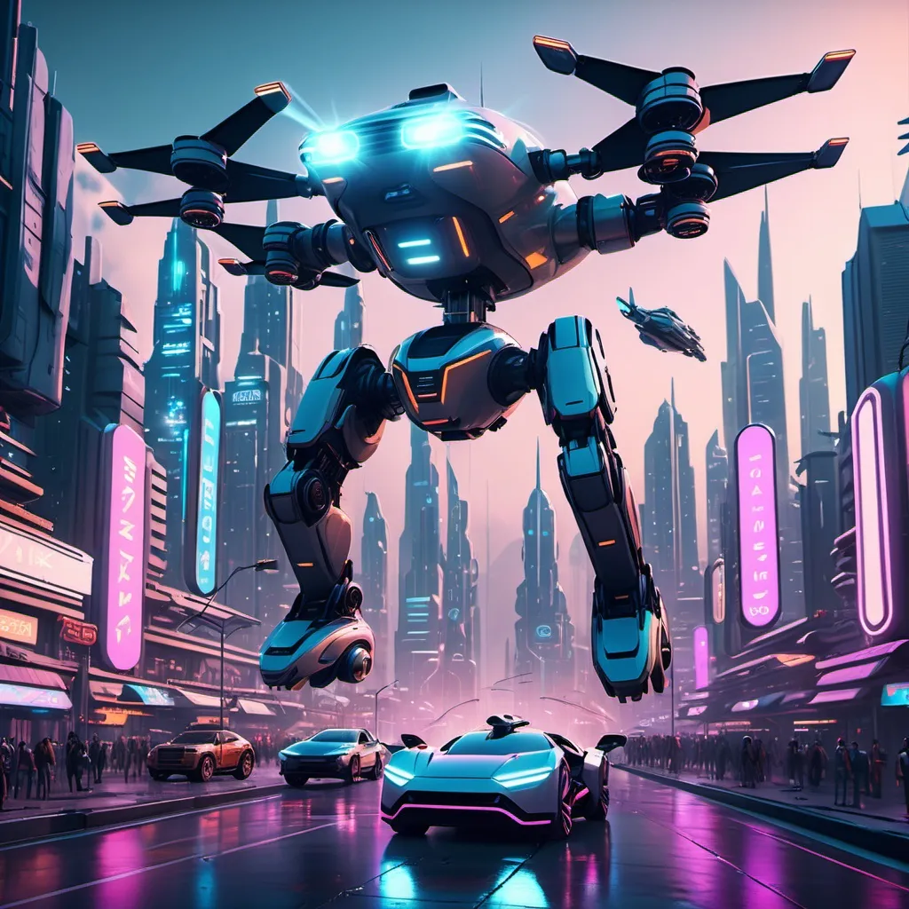 Prompt: A futuristic city with flying cars, neon lights, and a giant robot in the center, cinematic, highly detailed, 8k --ar 16:9