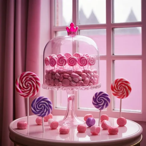 Prompt: indoor, warm lighting, pink, candy, sweets, lollipops, purple, crown, aesthetic, Glass windows
