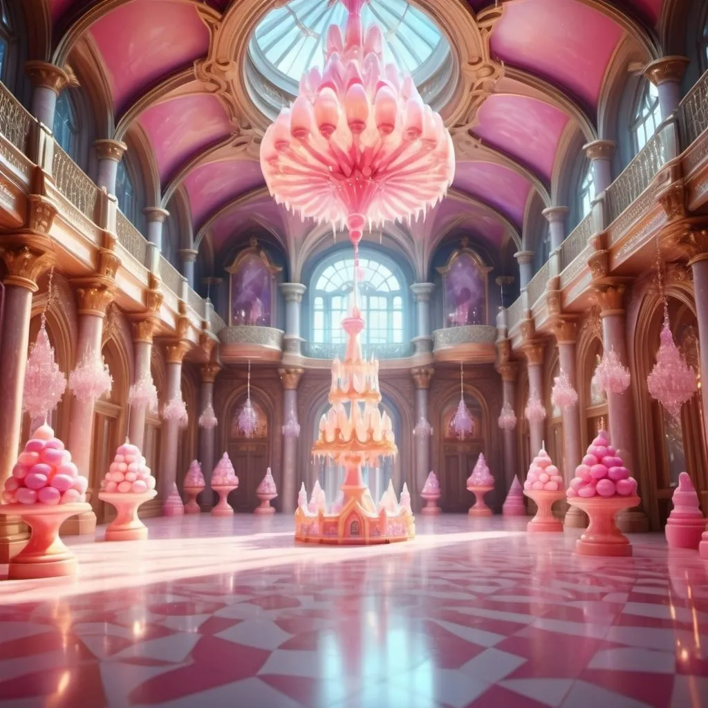 Prompt: fantasy castle hall, dreamy, very detail, 4k, candy, many candy, lollipop, grand architecture, warm lighting, crystal chandelier in the middle, no castle