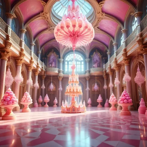 Prompt: fantasy castle hall, dreamy, very detail, 4k, candy, many candy, lollipop, grand architecture, warm lighting, crystal chandelier in the middle, no castle