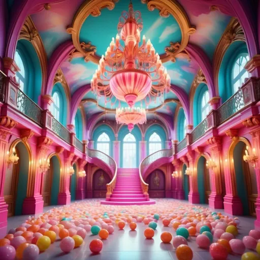 Prompt: fantasy castle hall, dreamy, very detail, 4k, candy, many candy, lollipop, grand architecture, warm lighting, one crystal chandelier in the middle, no castle, vibrant colour, bright
