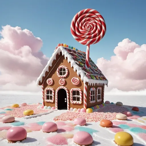 Prompt: gingerbread house, candy, giant lollipop aside, cloud floor, big floor in the front, outdoor, dreamy