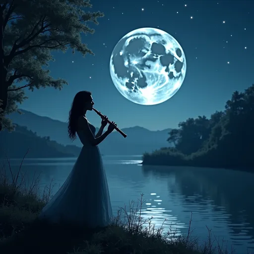 Prompt: (oboe player serenading the moon), (magical night scene), soft moonlight casting reflections, gentle breeze, serene atmosphere, stars twinkling, peaceful and dreamy ambiance, musical notes floating in the air, lush greenery in the background, (highly detailed), (4K), rich cool tones with hints of silver and deep blues.