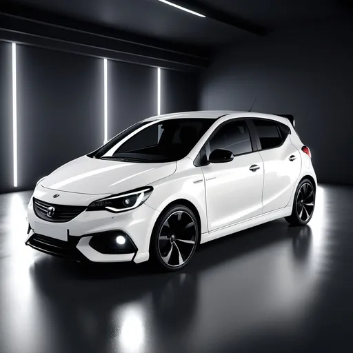 Prompt: hatchback car, white finish, lights reflecting on the car, dynamic and sleek design, high quality, black trimmings