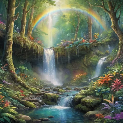 Prompt: Enchanted forest with 360-degree rainbow, diverse wildlife near waterfall, serene brook, high quality, detailed, magical realism, vibrant colors, whimsical lighting, lush greenery, diverse animal species, cascading waterfall, calm brook, rich textures, enchanting atmosphere