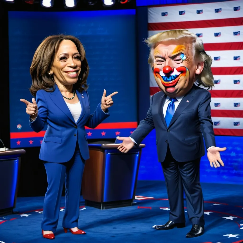 Prompt: Kamala Harris wears a blue pantsuit, smiling on a debate stage. Donald Trump wears clown pants on stage with her.