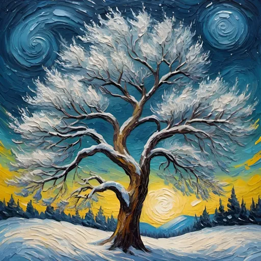 Prompt: Snow-covered tree in heavenly Van Gogh artstyle, oil painting, swirling starry night sky, thick impasto texture, dreamy atmosphere, serene winter scene, vibrant colors, expressive brushstrokes, high quality, oil painting, heavenly, Van Gogh artstyle, snow-covered tree, dreamy atmosphere, serene, impasto texture, vibrant colors, expressive brushstrokes, swirling sky, starry night, winter scene