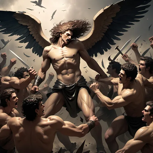 Prompt: Nephilim fighting with men