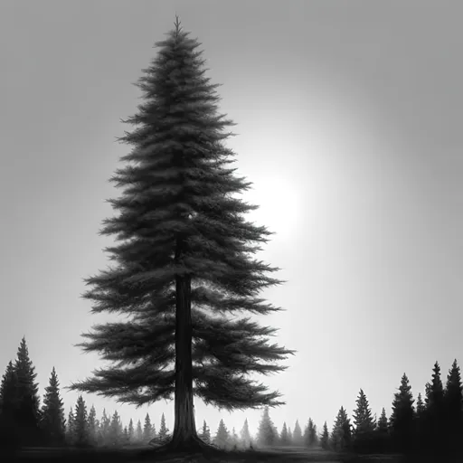 Prompt: Realistic black and white drawing of one pine tree in full scale, detailed, high contrast, pencil drawing, monochrome, no leaves, highres, lifelike, detailed branches, professional shading, no background