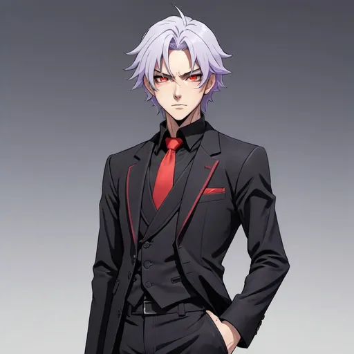 Prompt: A anime character with not more than 1000 pixel in length and width wearing a black trouser, black long sleeve, black suit with red detail and silver hair with purple eye colour 