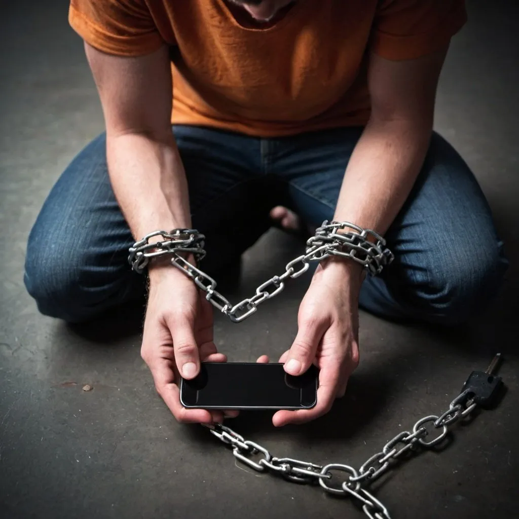 Prompt: Person chained to their phone because of their addiction loosing their life