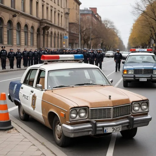 Prompt: Draw an image of an old car pulled over by the police. A blonde women is driving. The trunk is open with street Bollards falling out nearly hitting the police car
