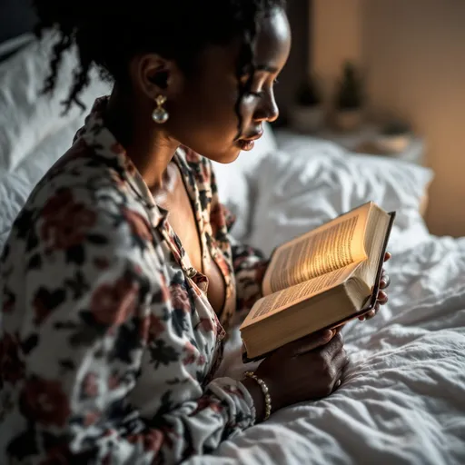 Prompt: A black woman sitting on her bed praying with the Holy bible 