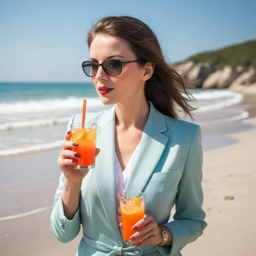 Prompt: Classy woman on beach wearing formal wear drinking refreshing drink on a hot day 