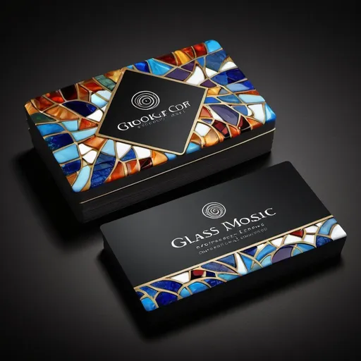Prompt: High-end business card design for Groupof2Glass, mosaic glass art, elegant and sophisticated, logo, intricate mosaic patterns, high-quality print, professional, modern art, detailed glass textures, vibrant color palette, premium materials, rounded corners, branding, artistry, business, exquisite design, black background