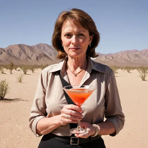 Prompt: A middle aged woman in the desert. She holds a martini. The caption says”  I am Barb”