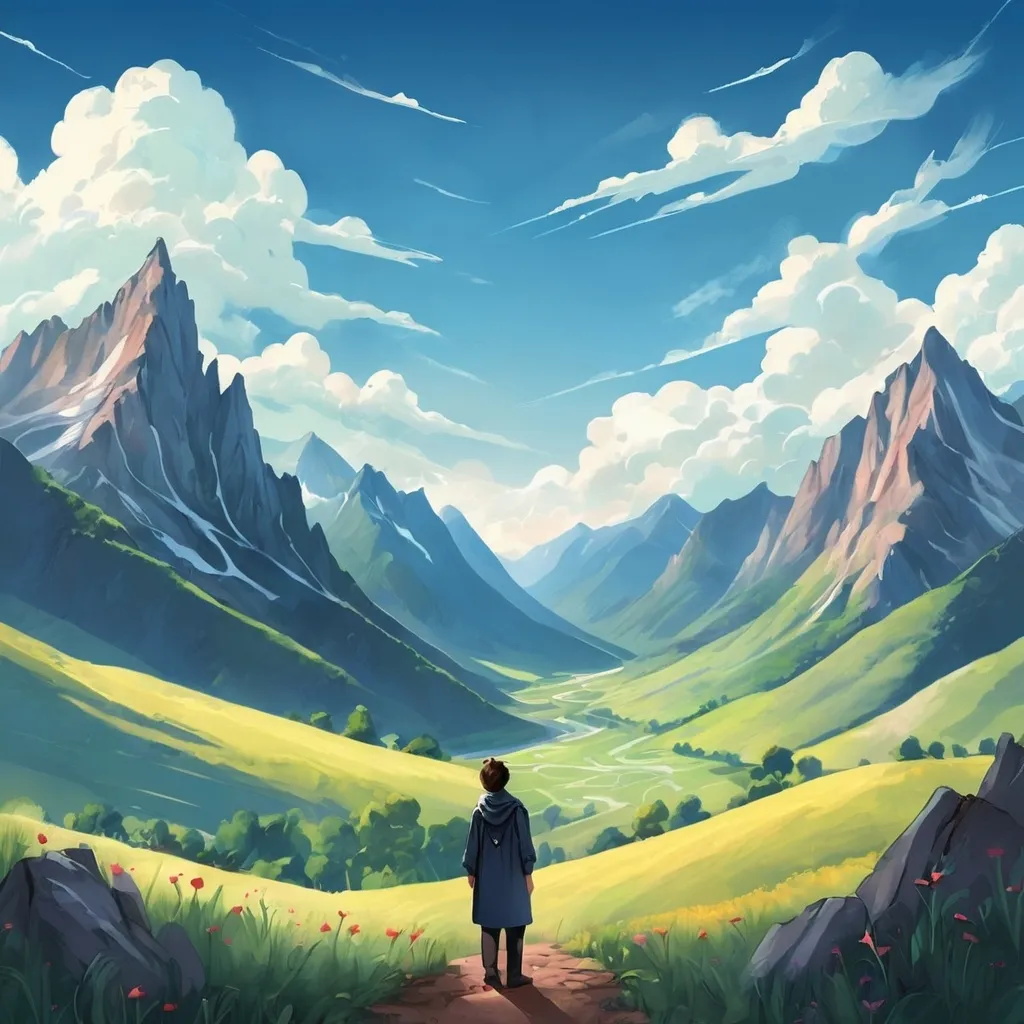 Prompt: Some random illustration arts.
A valley where mountain and sky are touch each other. A person wants to touch sky with an emotional 