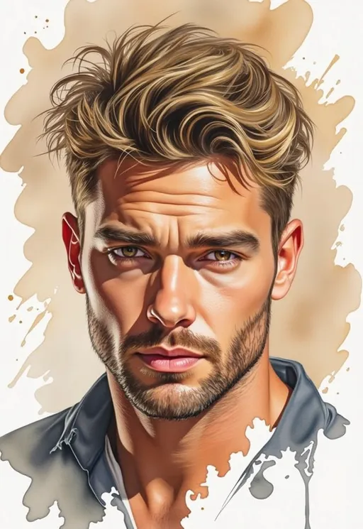 Prompt: A male that stands at a towering height of six feet and three inches. He has medium to dirty blonde hair. He has hazel eyes.  Facial expressional inquisitive. He has fair to medium skin He has a very sharp jawline, and his face is diamond shaped, a pointed chin and high cheekbones. His most notable features are his broad shoulders and his dorsal muscles. Dallas has a very sturdy build and has a mesomorph body type. 