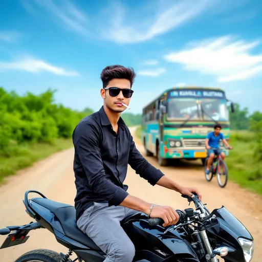 Prompt: The image shows a young man sitting on a black motorcycle on a dirt road. He is wearing a black long-sleeved shirt, grey pants, and blue flip-flops. He has a pair of sunglasses on and is holding a cigarette in his hand. In the background, there is a blue and green bus and a person riding a bicycle. The sky is blue and there are trees in the distance.