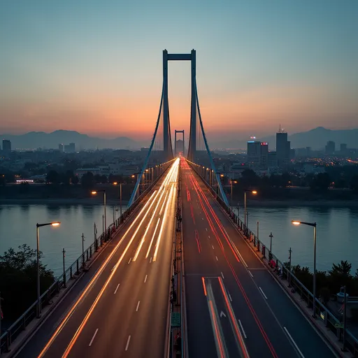 Prompt: Create a cinematic motion sequence of Milad Bridge in Tehran during sunset. Start with a wide aerial shot showing the full span of the bridge with the city skyline and Alborz mountains in the background. Slowly zoom in while dynamic traffic moves smoothly over the bridge, headlights and taillights creating light trails. Show close-up shots of the bridge’s structure, including cables, beams, and pedestrians walking on sidewalks. Add a drone-style sweeping motion that passes under the bridge, revealing the river or roadway beneath. Finish with a panoramic view of Tehran with the Milad Tower in the distance, as city lights begin to glow against the twilight sky. Style: realistic, cinematic lighting, subtle camera shakes, and warm tones