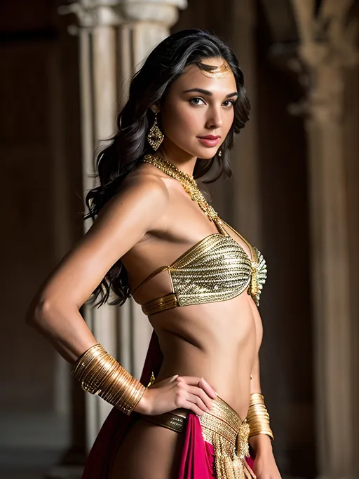 Prompt: Gal Gadot as indian empress dressed in ancient short skimpy thong, detailed face, backless dress, 8k UHD, DSLR, high quality, hard lighting, film grain, Fujifilm XT3, detailed skin:1.2, ancient Greek, detailed eyes, professional, realistic, full-body shot, glamorous, hot, actress, specific dress design, ancient setting, elegant pose