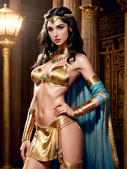 Prompt: Gal Gadot as Cleopatra dressed in ancient short skimpy greek thong, detailed face, backless dress, 8k UHD, DSLR, high quality, hard lighting, film grain, Fujifilm XT3, detailed skin:1.2, ancient Greek, detailed eyes, professional, realistic, full-body shot, glamorous, hot, actress, specific dress design, ancient setting, elegant pose