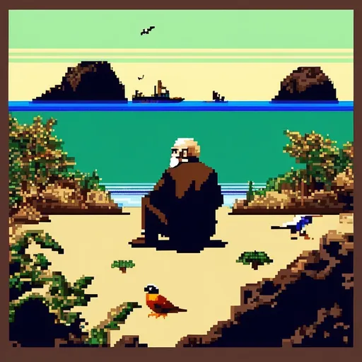 Prompt: Give me a image of Galapagos Islands in a 8-bit style.
The images that contains:
- a man like Charles Darwin outfit sitting in the sand
- Finches flying
- An ship from the times of 1800 arriving