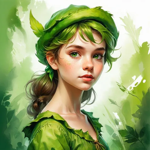 Prompt: The precision in your description is excellent, focusing on key aspects like:

Full view of the character.
Green skin, emphasizing her connection with nature.
Peter Pan style, suggesting a specific type of clothing and overall look.
Descriptive text that paints a vivid picture of her appearance and the essence of her character.
White background and oil paint style, specifying the artistic technique and composition backdrop.
