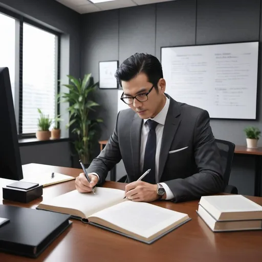 Prompt: A man wearing suit in a beautiful office operating system and keep books on his table and write lead generation.put frame on the office wall and write surajudeen on it 